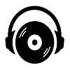 Black icon of a vinyl record wearing headphones.
